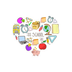 Illustration with heart shaped school supplies icons and hashtag school