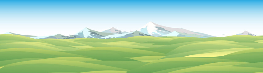 Rural Summer Meadow Landscape with Mountains Panorama  - Vector Illustration