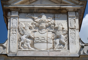 Coat of arms above entrance of Castle in Ptuj, town on the Drava River banks, Lower Styria Region, Slovenia