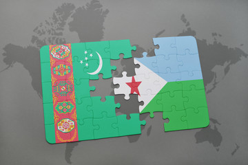 puzzle with the national flag of turkmenistan and djibouti on a world map