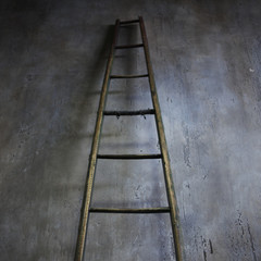 Wooden ladder leaning against textured wall. The concept of the career ladder
