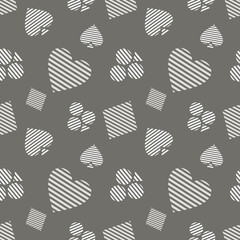 Seamless vector pattern with icons of playings cards. Grey background with hand drawn symbols. Decorative repeat ornament. Series of Gaming and Gambling Seamless vector Patterns.