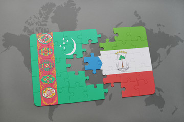 puzzle with the national flag of turkmenistan and equatorial guinea on a world map