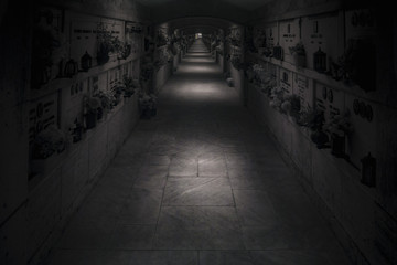 Interno di un cimitero in bianco e nero fotografato con la tecnica dell’infrarosso