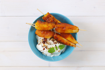 pear and orange skewers with yogurt dip