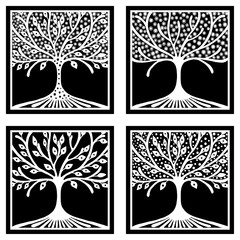 Vector set of hand drawn illustration, decorative ornamental stylized tree. Black and white graphic illustration isolated on the white background. Inc drawing silhouette.