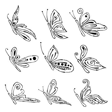 Set of vector black and white illustration of insect. Butterflies isolated on the white background. Hand drawn graphic illustration. Line drawing