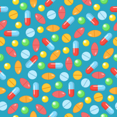 Colorful tablets with capsules. Medical seamless pattern and pharmacy background.