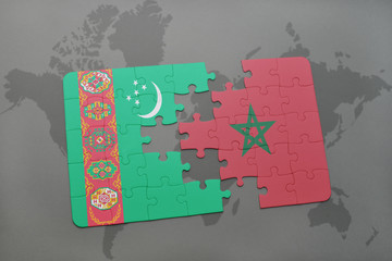 puzzle with the national flag of turkmenistan and morocco on a world map