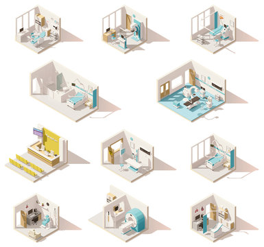 Vector isometric low poly hospital rooms