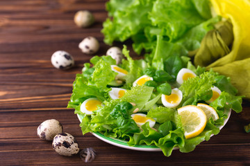 Letucce, cucumber, spinach, basil and quail eggs salad
