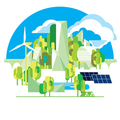 Eco city, solar panels and wind turbines. Eco green city theme. Ecological energy supply