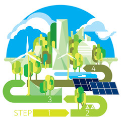 info graphic illustration with urban eco landscape, Eco city, solar panels and wind turbines. Eco green city theme. Ecological energy supply