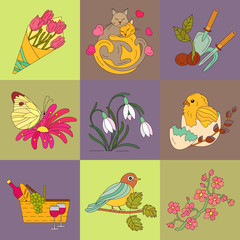 Spring thin line colored vector icons.