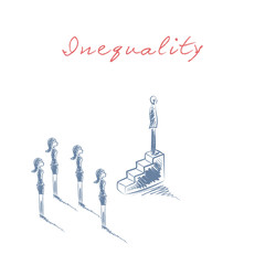 Business male manager or boss standing on higher position, woman on lower. Business career and opportunities inequality concept in hand drawn vector sketch design.