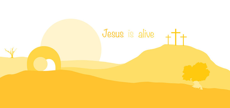 Jesus is alive. Empty tomb and crosses in yellow landscape.