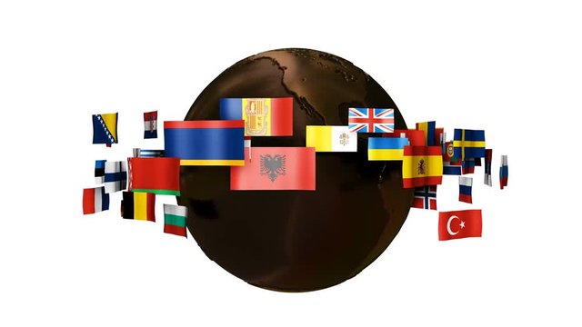 Rotating Earth globe with world flags isolated on white background 