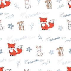 Seamless background of best friends forever. Pattern with doodle cute fox, rabbit and  squirrel