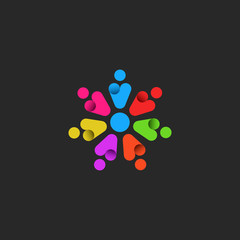 Teamwork logo, emblem of a community of motivated successful persons, colorful silhouettes of abstract people together at a round table, social society icon