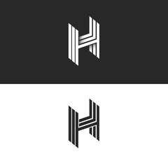 Isometric letter H logo perspective hipster monogram, simple linear typography black and white emblem, 3D art symbol