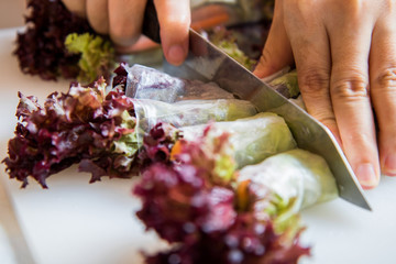 making fresh vegetable salad roll, healthy meal for diet