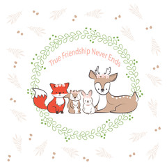 doodle set of best friends cute rabbit, fox, squirrel and deer in leaf frames hand drawing vector illustration for kid t-shirt print, greeting and invitation card