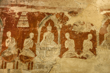 Ancient Buddha story paint in Thai Temple wall.