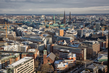 Fototapeta na wymiar Hamburg (Germany) - Aerial urban skyline from the tower of saint Michaelis church in the Neustadt district in Hamburg