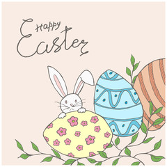 Easter card with eggs, rabbit, green branch and lettering, hand