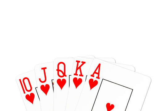 poker hand royal flush in hearts isolated on white background