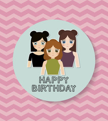 happy birthday card with anime girls icon. colorful design. vector illustration