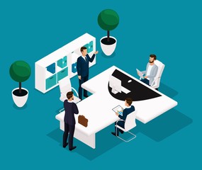 Trend isometric people, concept, office manager rear view, a large table for meetings, negotiations, brainstorming, businessmen in suits stylish hairstyle isolated