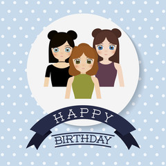 happy birthday card with anime girls icon. colorful design. vector illustration