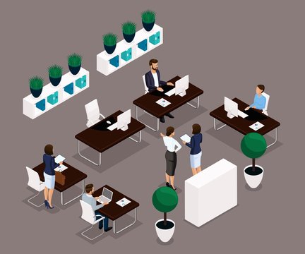 Trend isometric people, office worker rear view, business concept, management, office furniture, workflow, business office workers in suits insulated