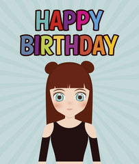 happy birthday card with anime girl icon. colorful design. vector illustration