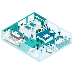 Trendy Isometric people illustration of hospitals with a glass facade is a front view of the hospital concept house, office manager, surgeon, nurse workflow, medical workers are isolated