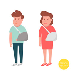 People with broken arm. Injured man and woman with sling. Vector Illustration