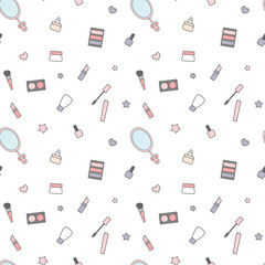 cute cartoon beauty mix seamless vector pattern background illustration with cream, make up, mirror and tools

