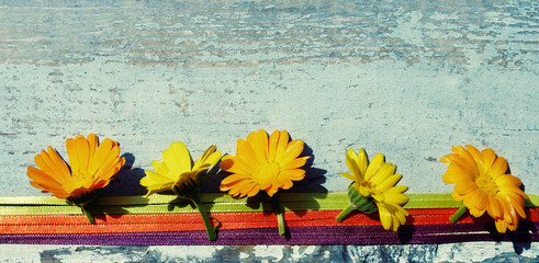 Yellow summer flowers of a marigold on a wooden surface. Calendula flowers. Holidays background in vintage style.