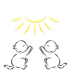 Vector black outline drawing of two kittens in the sun on white background