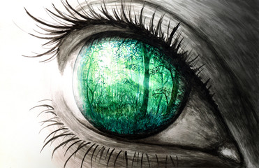 Watercolor illustration of eye reflecting nature. Soul of our mind. 