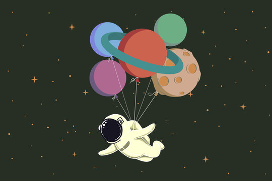 spaceman flying with balloons like a planets