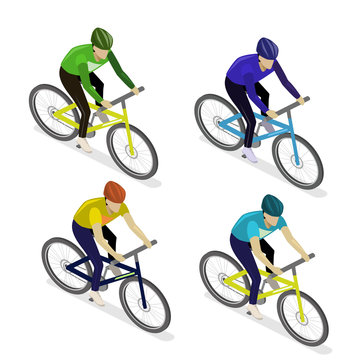 Isometric flat group of cyclists man in road bicycle racing.