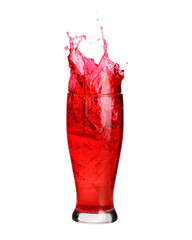 Red cocktail soda splashing out of a glass., Isolated white background.