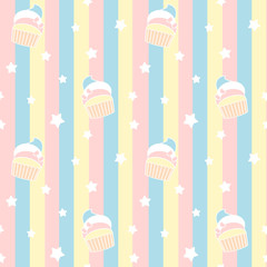 cute cartoon cupcakes on colorful stripes seamless vector pattern background illustration