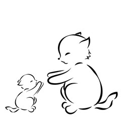 outline drawing cat and kitten on white background