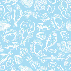 Seamless pattern with various seafood. Illustration of fish, shellfish and crustaceans