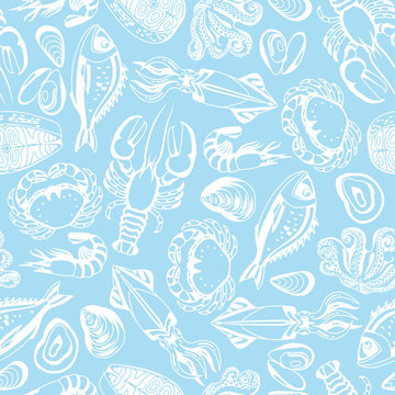 Seamless Pattern With Various Seafood. Illustration Of Fish, Shellfish And Crustaceans