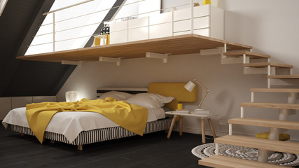 Loft mezzanine scandinavian minimalist bedroom, gary and yellow classic interior design