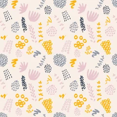 Foto op Canvas Floral vector seameless pattern with stylized flowers, geometric shapes, brush strokes. Simple shapes of flowers like lavender, clover in pink, yellow,gray and blue on beige background.   © dinadankersdesign